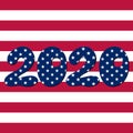 USA vote 2020.Text with American flag inside the text. Vector illustration on striped background. American flag in Royalty Free Stock Photo