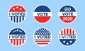 USA 2020 voting icons. Set of circle flat stickers with I voted quote in red and blue, stars and stripes. Round american Royalty Free Stock Photo