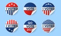 Usa 2020 voting icons. Set of circle realistic stickers with I voted quote in red and blue, stars and stripes. Round