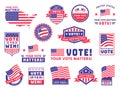 Usa voting labels. American presidential election badges and vote stickers, encouraging political voting banners