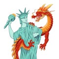 USA vs China trade war concept. Statue of Liberty and Chinese Dragon prepared for fight. Vector illustration in comic style Royalty Free Stock Photo