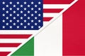 USA vs Italy national flag from textile. Relationship between american and european countries
