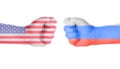 USA vs russia conflict symbolized by two fists painted with flags