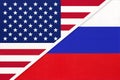 USA vs Russia national flag from textile. Relationship between american and european countries Royalty Free Stock Photo