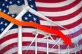 USA wind energy power lowering chart, arrow down - renewable natural energy industrial illustration. 3D Illustration