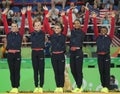 USA women's all-around gymnastics team at Rio 2016 Olympic Games Raisman (L), Kocian, Hernandez, Douglas and Biles