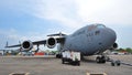 USAF Boeing C-17 Globemaster III large military transport aircraft on display at Singapore Airshow