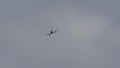 USAF military combat jet airplane of Cold War 1950s in flight in cloudy sky