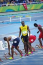 Usain Bolt at 100m start line at Rio2016 Olympics