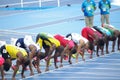 Usain Bolt at 100m start line at Rio2016 Olympics