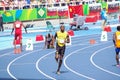 Usain Bolt tries strating bloks for 200m at Rio2016 Olympics