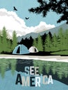 Scenic landscape with mountains, forest and lake with camping tents. Summer travel poster Royalty Free Stock Photo