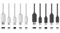 Usb cable connectors. Realistic vector set of phone jacks for cabling in white and black color. Cable for charging or Royalty Free Stock Photo