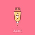 Usb cable icon in comic style. Electric charger vector cartoon illustration on isolated background. Battery adapter splash effect Royalty Free Stock Photo