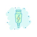 Usb cable icon in comic style. Electric charger vector cartoon illustration on white isolated background. Battery adapter splash