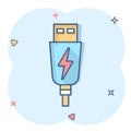 Usb cable icon in comic style. Electric charger vector cartoon illustration on white isolated background. Battery adapter splash Royalty Free Stock Photo