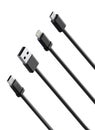 USB cables type A, and type C plugs, micro USB and lightning, universal computer and phone connection on white background. isolate