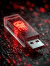 Hidden Malware Data Glows Red From USB Drive on Dark Hacker Table, Showcasing the Danger of Trojan Infections Royalty Free Stock Photo