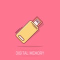 Usb drive icon in comic style. Flash disk vector cartoon illustration on isolated background. Digital memory splash effect Royalty Free Stock Photo