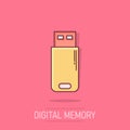 Usb drive icon in comic style. Flash disk vector cartoon illustration on isolated background. Digital memory splash effect Royalty Free Stock Photo