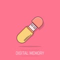 Usb drive icon in comic style. Flash disk vector cartoon illustration on isolated background. Digital memory splash effect Royalty Free Stock Photo