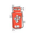Usb drive icon in comic style. Flash disk vector cartoon illustration on white isolated background. Digital memory splash effect Royalty Free Stock Photo