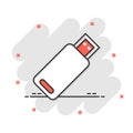 Usb drive icon in comic style. Flash disk vector cartoon illustration on white isolated background. Digital memory splash effect Royalty Free Stock Photo