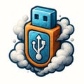 USB drive in clouds with USB symbol on white background Royalty Free Stock Photo
