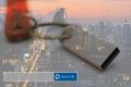 USB Flash Drive double exposure with city light with search engine graphic