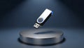 USB Flash Drive Floating Above Circular Platform in Dark Setting Royalty Free Stock Photo