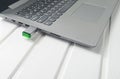 Usb flash drive inserted into the laptop socket on a white wooden desk. Modern technologies Royalty Free Stock Photo