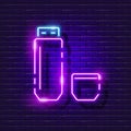 USB Flash drive neon sign. Data carrier, storage, database, electronic storage icon glowing. Vector illustration for design. Royalty Free Stock Photo