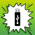 USB flash drive sign. Black Icon on white popart Splash at green background with white spots. Illustration Royalty Free Stock Photo