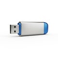 USB flash drive with a sleek design. The body is metallic silver with a glossy blue cap Royalty Free Stock Photo