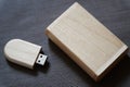 Usb flash drive with wooden surface in box for USB port plug-in computer laptop for transfer data and backup business concept Royalty Free Stock Photo