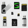 USB flash drives and memory cards isolated on transparent background