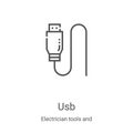 usb icon vector from electrician tools and elements collection. Thin line usb outline icon vector illustration. Linear symbol for Royalty Free Stock Photo