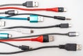 USB and smartphone cables and connectors of various types and colours. Royalty Free Stock Photo