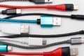 USB and smartphone cables and connectors of various types and colours. Royalty Free Stock Photo