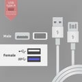 USB socket outlet and white connectors wires. Vector illustration in flat style Royalty Free Stock Photo