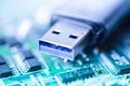 Usb stick motherboard blue backgrodun close up memory storage Royalty Free Stock Photo