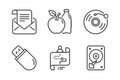 Usb stick, Vinyl record and Journey path icons set. Mail newsletter, Apple and Hdd signs. Vector