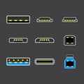 USB type A, B and USB type C plugs, micro, lightning, universal computer white cable connectors, top view vector