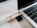 USB Type-C Memory Card Reader Attached to Laptop Royalty Free Stock Photo