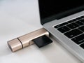 USB Type-C Memory Card Reader Attached to USB-C Port Laptop Royalty Free Stock Photo