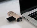 USB Type-C Memory Card Reader with Laptop Royalty Free Stock Photo