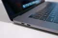 USB Type C / Thunderbolt 3 ports on a MacBook Pro 15 inch with touch bar Royalty Free Stock Photo