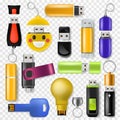 USB vector flash drive memory storage and digital transfer device to computer illustration set of removable flashdrive Royalty Free Stock Photo