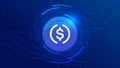 USD Coin digital stablecoin with crypto currency themed banner. USD Coin or USDC icon on modern neon color background.