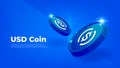 USD Coin or USDC coin banner. USD Coin digital stablecoin with crypto currency concept banner background